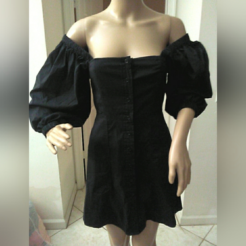 NWT DANIELLE BERNSTEIN Black One-Shoulder Puff Sleeve Button MINI Dress SZ. 00??